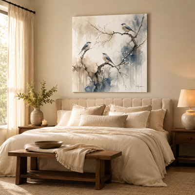 Single Blue Bird Branch Canvas Wall Art, Soft Watercolor  Nature Decor