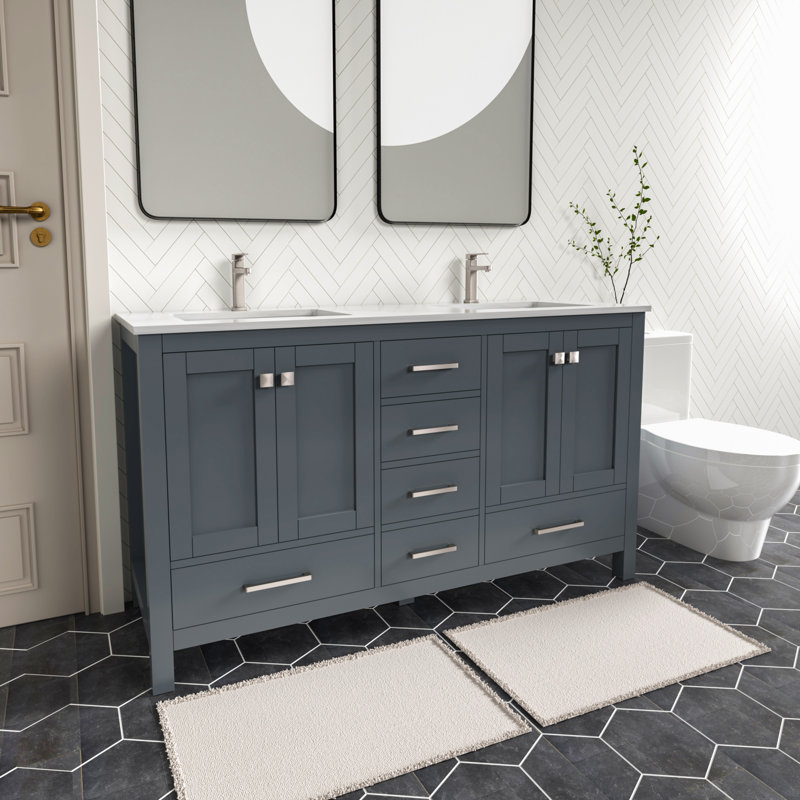 Ensemble de meuble-lavabo autoportant gris anthracite avec comptoir en quartz de 60 po Anvay, Gris anthracite
