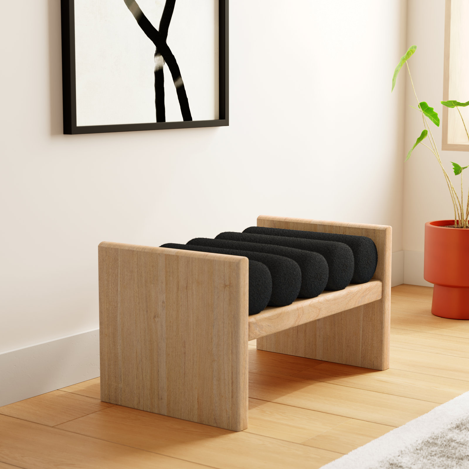 Waverly Bedroom Bench, 18" H x 32" W x 19" D, Black Boucle Fabric / Natural Finish