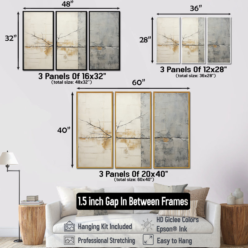 Grey And White Nature Split - Abstract Shapes Wall Decor Set, 40" H x 60" W x 1" D, White Floater Framed