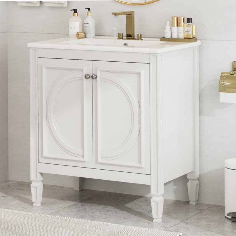 Meuble-lavabo de salle de bain avec lavabo et deux portes avec tablette, Blanc