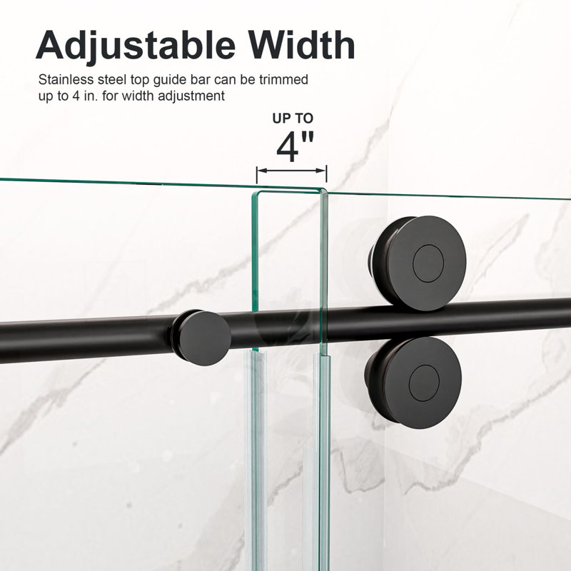 Porte de douche coulissante simple sans cadre de 44 à 48 po x H 76 po - Verre trempé transparent de 5/16 po (8 mm), conception de dérivation avec finition noir mat
