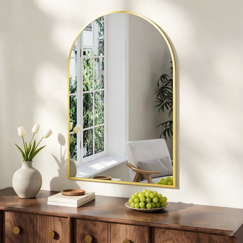 Aluminium Arch Makeup / Shaving Mirror, 62cm H x 6.8cm W, Gold