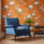 Papier peint floral, oiseau, décoration murale orange