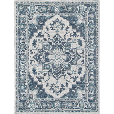 Dahlia Medallion Machine Woven Performance Area Rug - Ivory/Blue - 6'7" x 9'