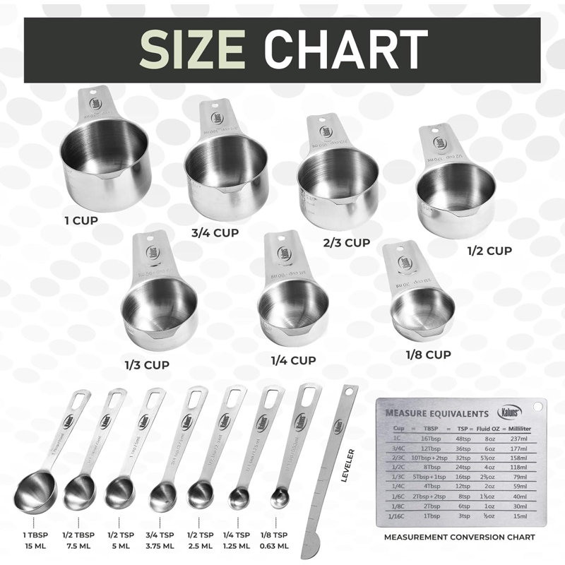 Ensemble de 16 tasses et cuillères à mesurer en acier inoxydable KALUNS, argent - Design emboîtable avec mesures gravées pour la cuisson