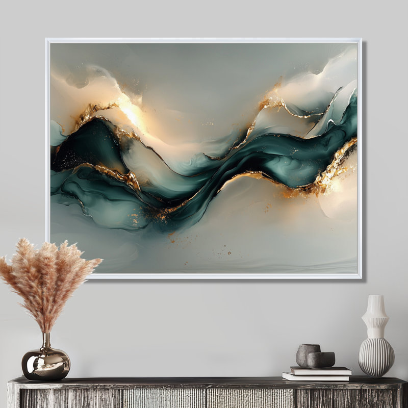 Marbre émeraude fractal océanique II - art mural abstrait en marbre, H 30 po x l 40 po, Cadre flottant, Blanc