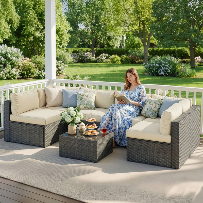 Wicker 6 - Person Modular Patio Conversation Set with Cushions, Gray Frame/Beige Cushion