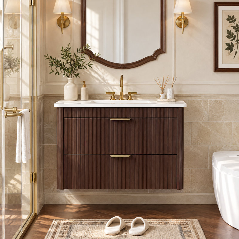 Meuble-lavabo simple 24 po avec comptoir en céramique, Walnut, 24'' W