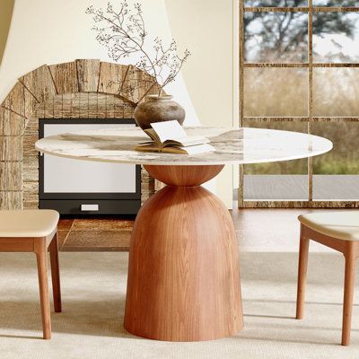 Table de salle à manger ronde de style Mid-Century moderne, plateau en pierre frittée de 39 po / 43 po / 53 po / 59 po, base en bois massif, table de cuisine de ferme, résistante aux taches et aux égratignures