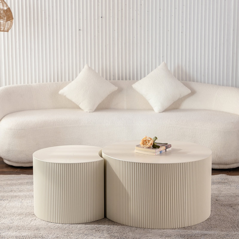 Table basse en bois fabriquée à la main en relief de forme olive - Abat-jour fait à la main beige et crème
