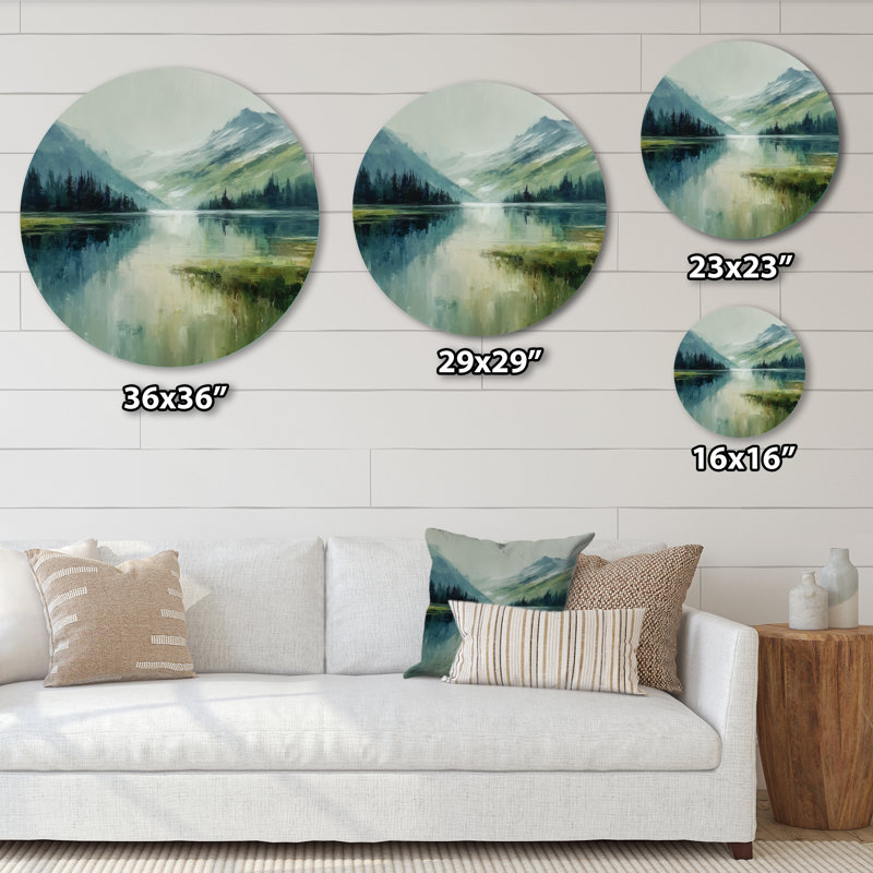 Brume de lac brise verte verte - décor mural rond en métal paysages, L 29 po x H 29 po