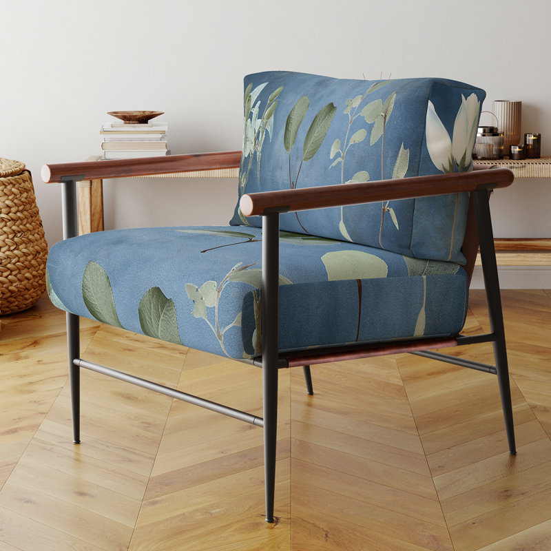 Chaise à accoudoirs contemporaine rétro avec motif abstrait en forme de V et feuilles bleues rétro Botanicals, Doré