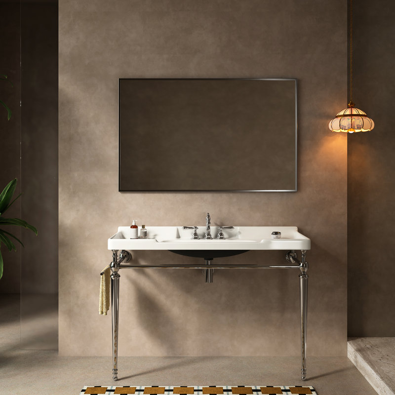 Lavabo de salle de bain de 122 cm (48 po) en céramique blanche, 3 trous de robinetterie, pattes de support en acier inoxydable avec porte-serviettes, lavabo intégré haute performance, finition, meuble-lavabo en céramique à emballer soi-même, couleur