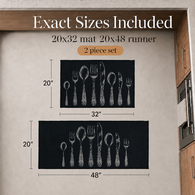Comfort Chef Kitchen Runner Mats, Cutlery Design, Low-Profile, Universal Fit, 32"/48"L x 20"W, Black