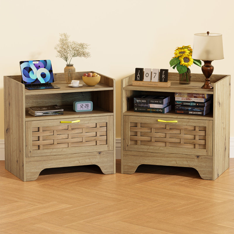 Nightstand with Storage Set of 2, Rattan Boho Bedside Table with Drawer, Oak