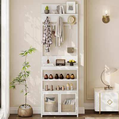 Arbre d'entrée 72,8 po avec portes, porte-manteau étroit et rangement à chaussures avec 7 crochets pour l'entrée, la chambre à coucher et le vestibule