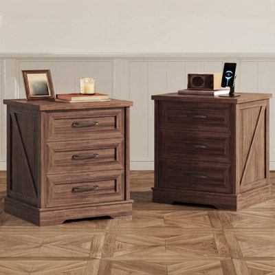 23.6”wx17.7”d Rustic Couch End Table With 3 Ample Drawers, Farmhouse Nightstand With 4 Solid Wood Legs, Vintage Bed Side Table With Durable Structure (set Of 2)