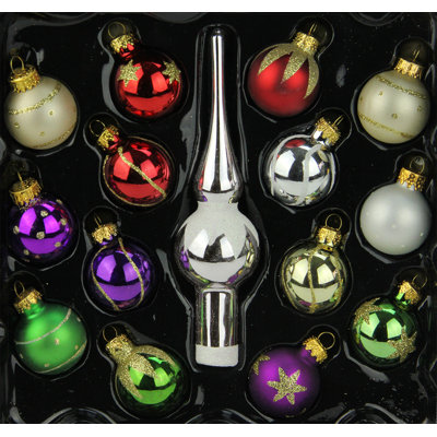 15-Piece Multi-Color Mini Glass Ball and Finial Tree Topper Christmas Ornament Set