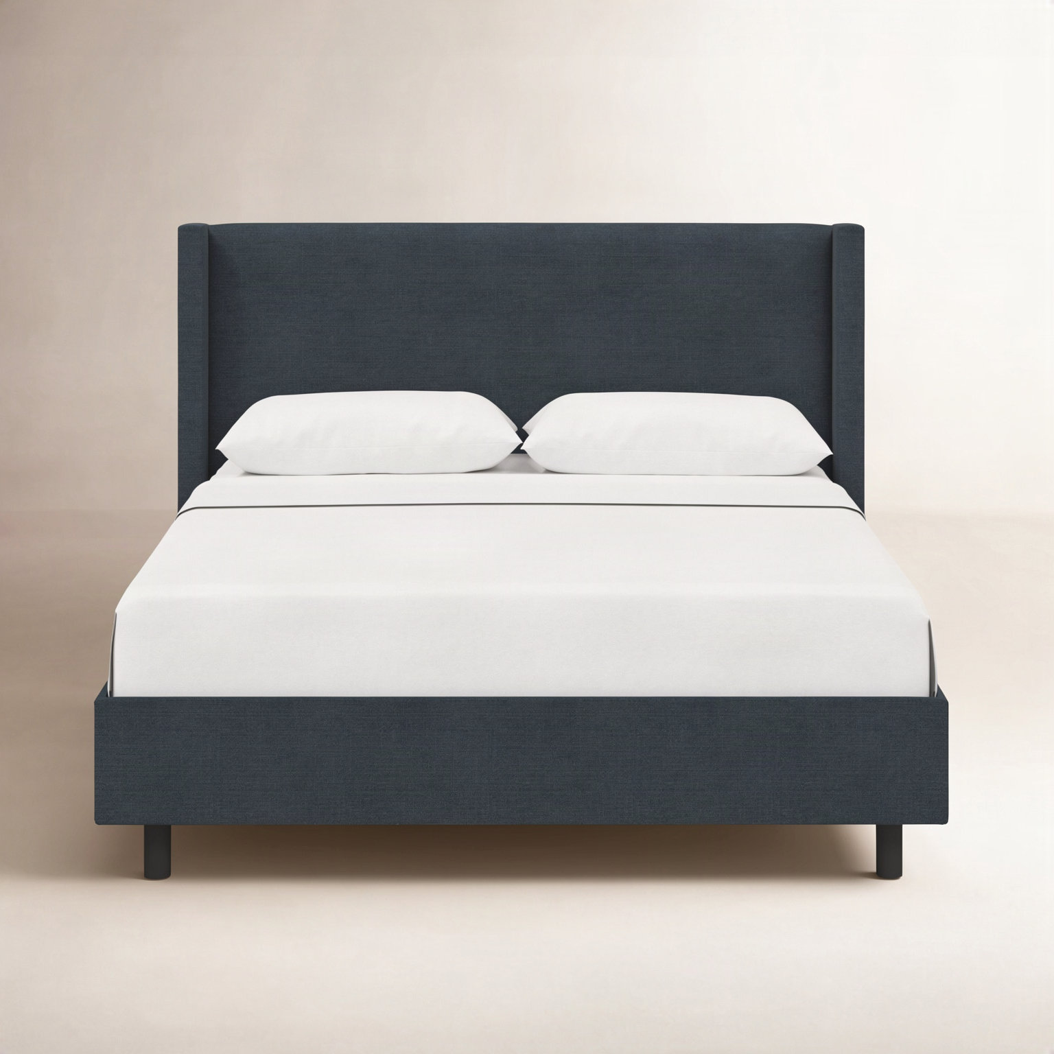 Hanson Upholstered Wingback Platform Bed, Classic Navy Linen, Queen