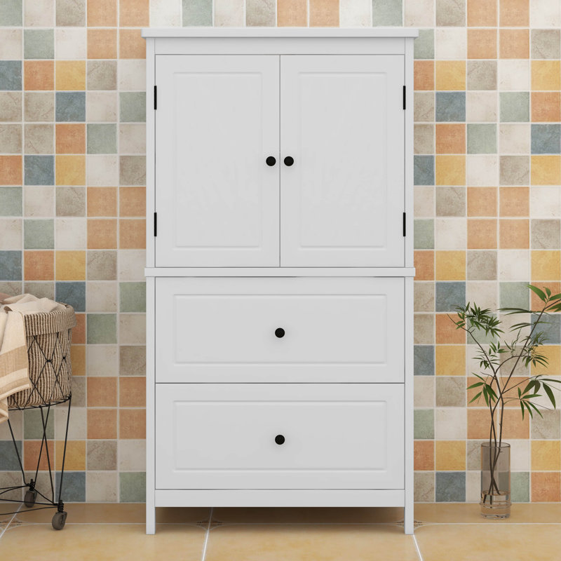 Wide Bathroom Storage Cabinet, Freestanding Bathroom Storage With Two Doors And Drawers, Adjustable Shelf, White