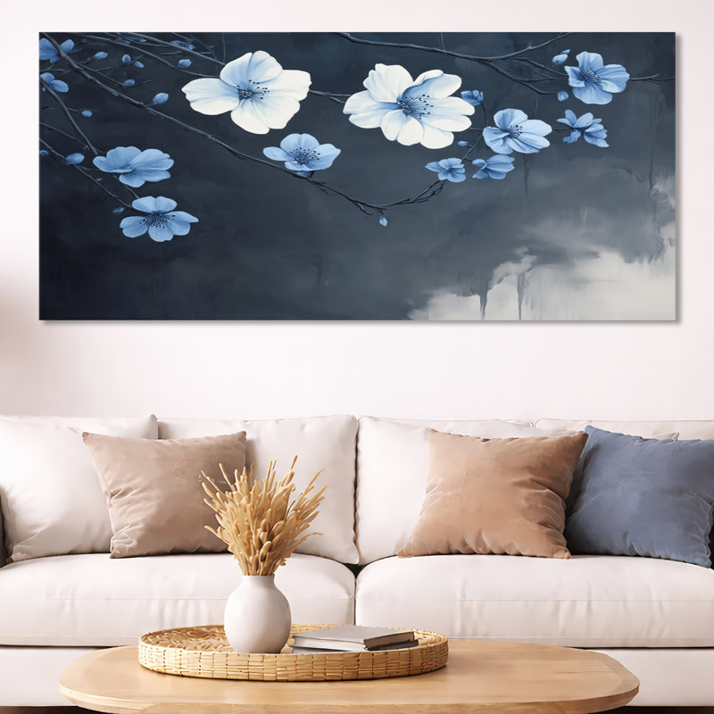 Toile florale de minuit, art mural fleur de cerisier bleu, Immanuel, H 28 po x l 60 po, Toile tendue
