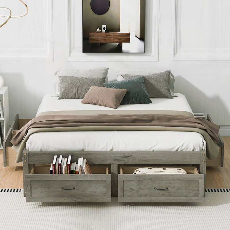 Lit plateforme moderne avec 6 tiroirs de rangement, Gris antique, Grand