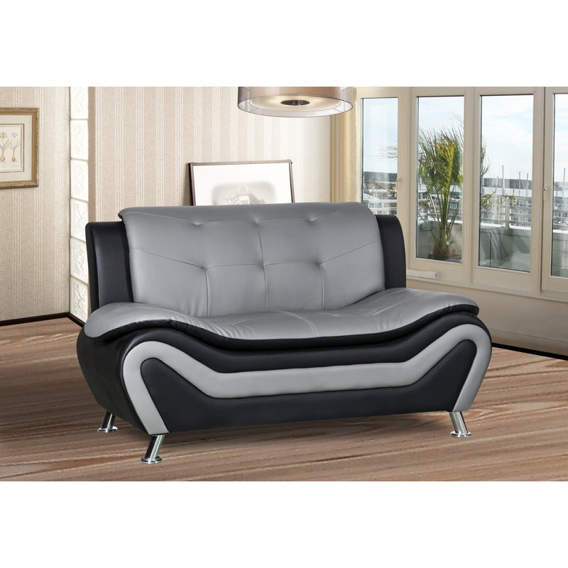 Halley Upholstered 57'' Loveseat, Black/Gray Faux Leather
