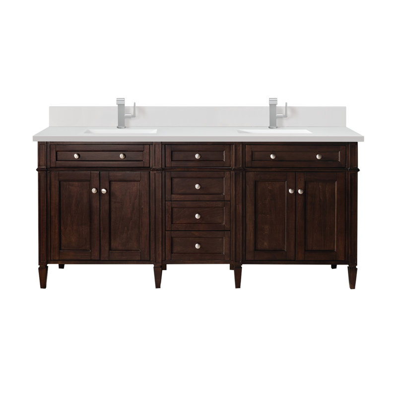 Meuble-lavabo double l 72 po Dussault, Acajou bruni, Blanc Zeus, Trou unique