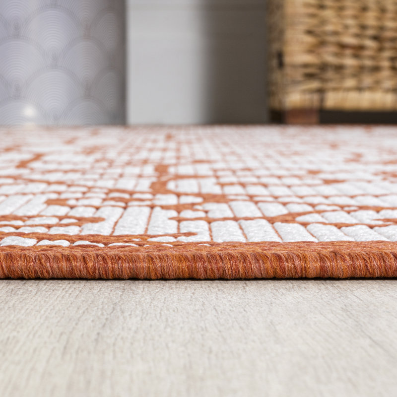 Deronte Vintage Filigree Textured Weave Cream/Orange Indoor/Outdoor Rug, Rectangle 3'11" x 6'