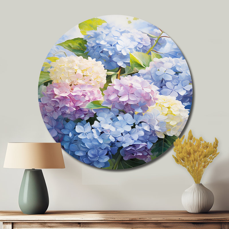 Fleurs d'hortensia éternelles bleues et bleues - art floral rond en métal, H 36 po x l 36 po