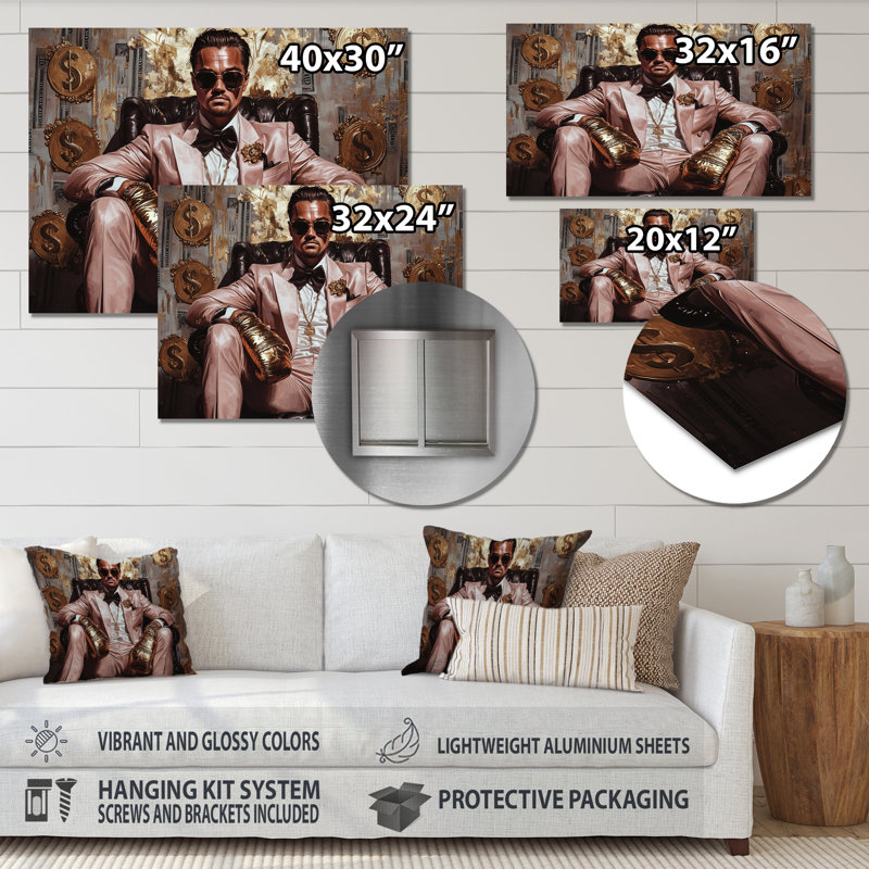 Loup de Wall Street avec lunettes, gant et classeur - homme, art mural, Sans cadre, métal, H 30 po x l 40 po