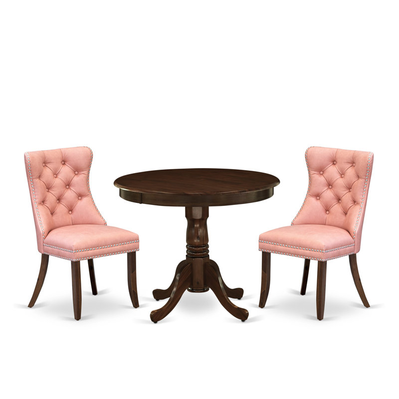 3 Piece Dining Set Contains a Round Kitchen Table with Pedestal and 2 Upholstered Chairs, Antique Walnut, Pink/Brown