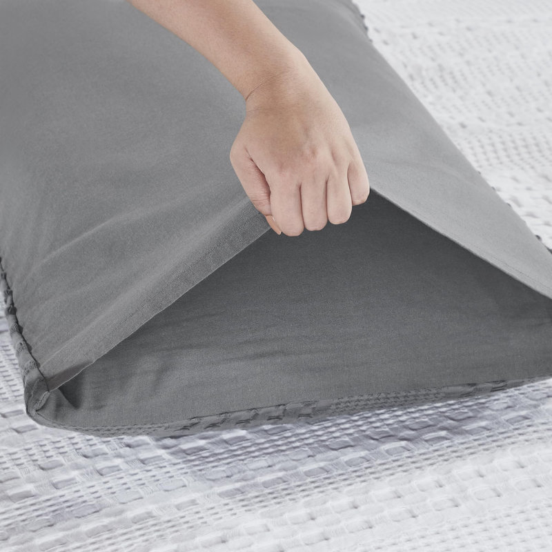 Waffle Weave White Cotton Queen Sham Set of 2, Gray, King