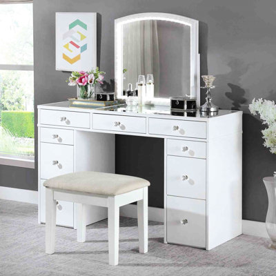 Contemporary Bedroom Vanity With 3Mm Mirror, Led Lights, 5 Drawers And Above Stool In White Color 1Pc Style, Finish, Mirror Multiple For Furniture