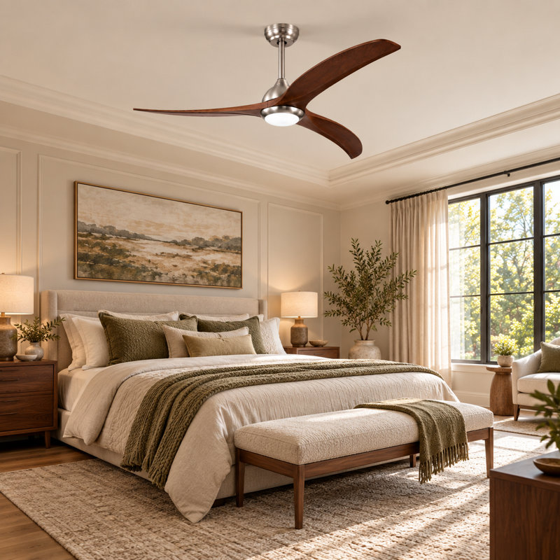 Ventilateur de plafond d'intérieur à DEL 52 po avec lumière intégrée et télécommande (3 pales), Argent, Bois brun