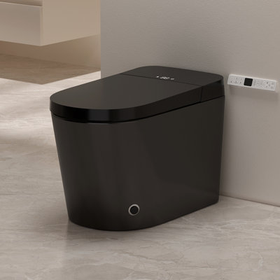 Toilettes bidet intelligentes sans réservoir Yingze, entraxe de 30,5 cm (12 po), blanches, chasse d'eau automatique, capteur de mouvement du pied, protection en mousse intégrée, siège chauffant, séchoir à air chaud, buse autonettoyante, Bluetooth et télécommande, veilleuse DEL, noires