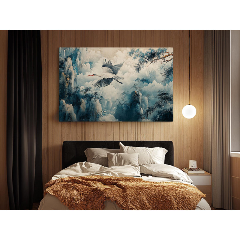 Superbe grue blanche survolant des montagnes bleues brumeuses, reproduction d'art sur toile tendue à la main pour la maison, reproduction de peinture