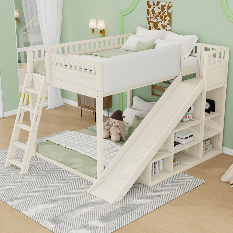 Wood Loft Bed with Slide and Storage, Beige, Queen