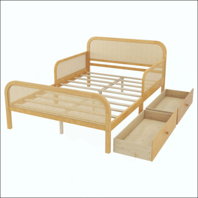 Platform Bed Frame with 2 Storage Drawers, Kids Rattan Bed with Headboard and Footboard