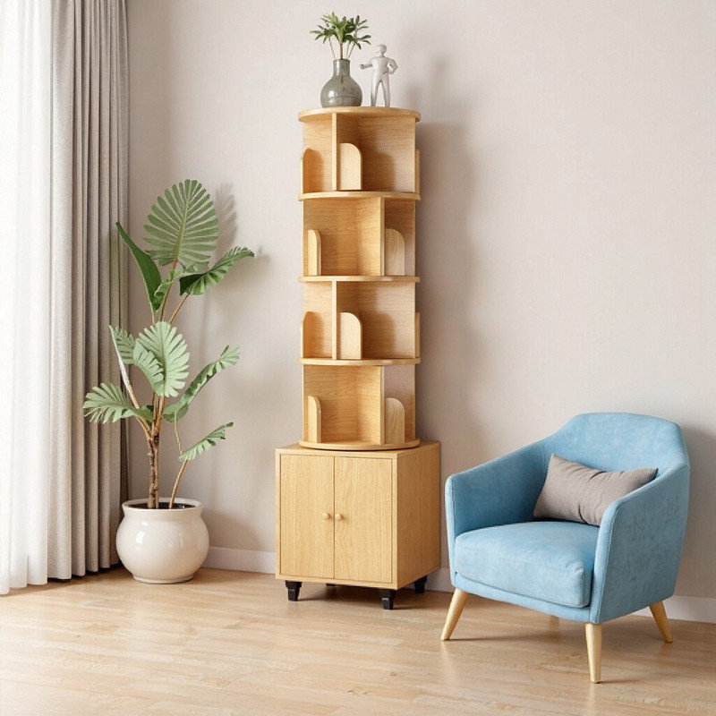 Bibliothèque rotative à 5 niveaux avec tiroir de rangement, Naturel