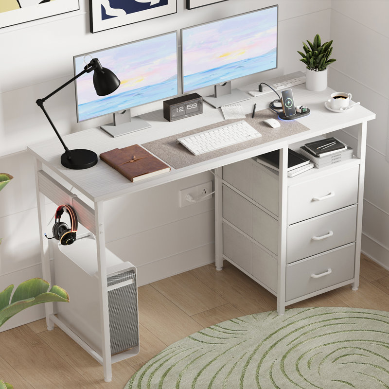 Kiere Reversible Writing Desk with 3-Tier Fabric Drawers,Home Office Desk with Built-in Power Outlets & Hook, White