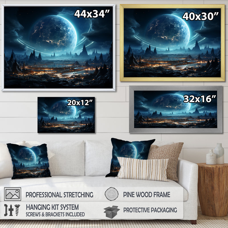 Toile blanche et bleue avec espace cosmique III - Planètes, art sur toile, Toile tendue, H 12 po x l 20 po x P 1 po