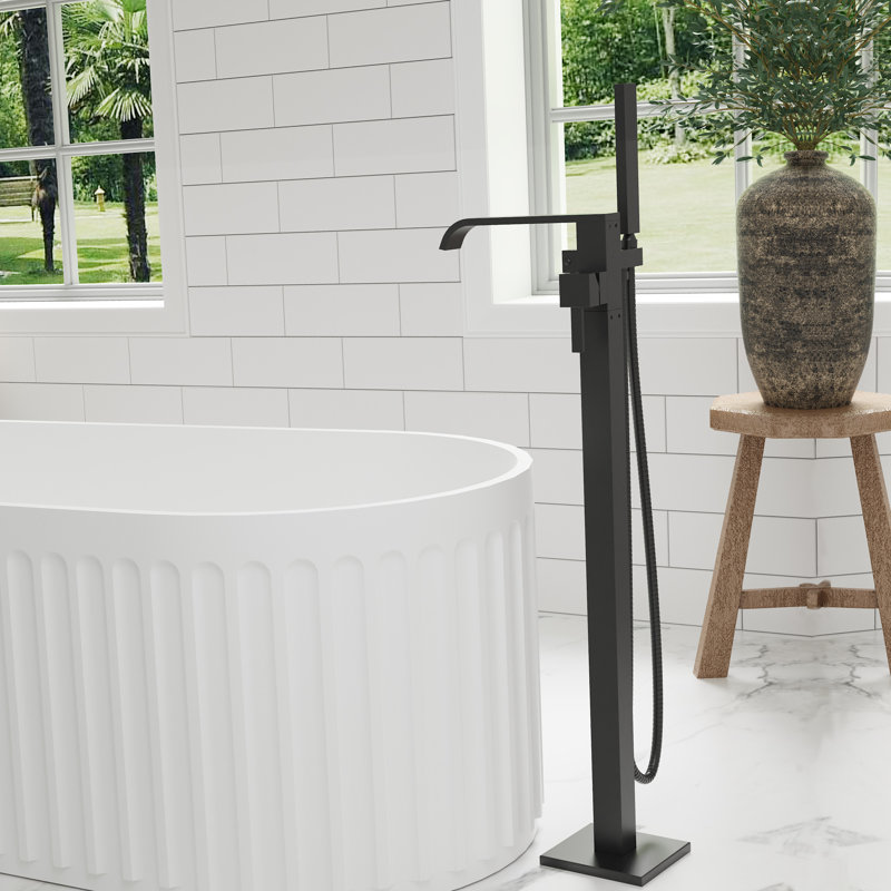 Freestanding Floor Mounted Bathroom Waterfall Tub Filler Single Handle with Hand Shower, Matte Black