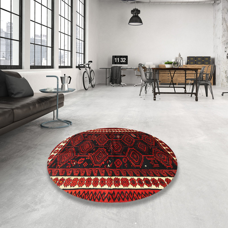 Tapis traditionnel rouge / noir, Rond 3 pi