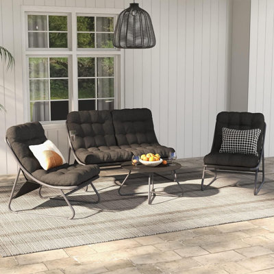 Olilawn Outdoor & Indoor 4-piece Conversation Set Furniture, Removable Padded Olefin Cushion, Deluxe Enlarged Seat, Coffee Table, Charcoal Grey