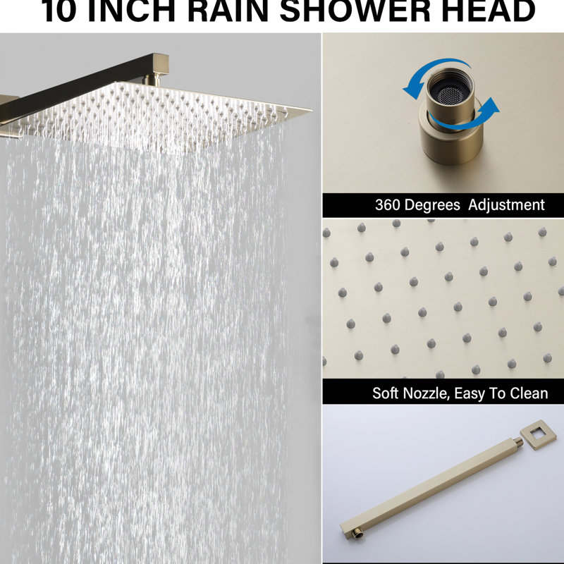 Douche de 10 pouces, système de pluie, fixation murale, disque en céramique, pluie équilibrée, fermoir à pluie en or brossé,