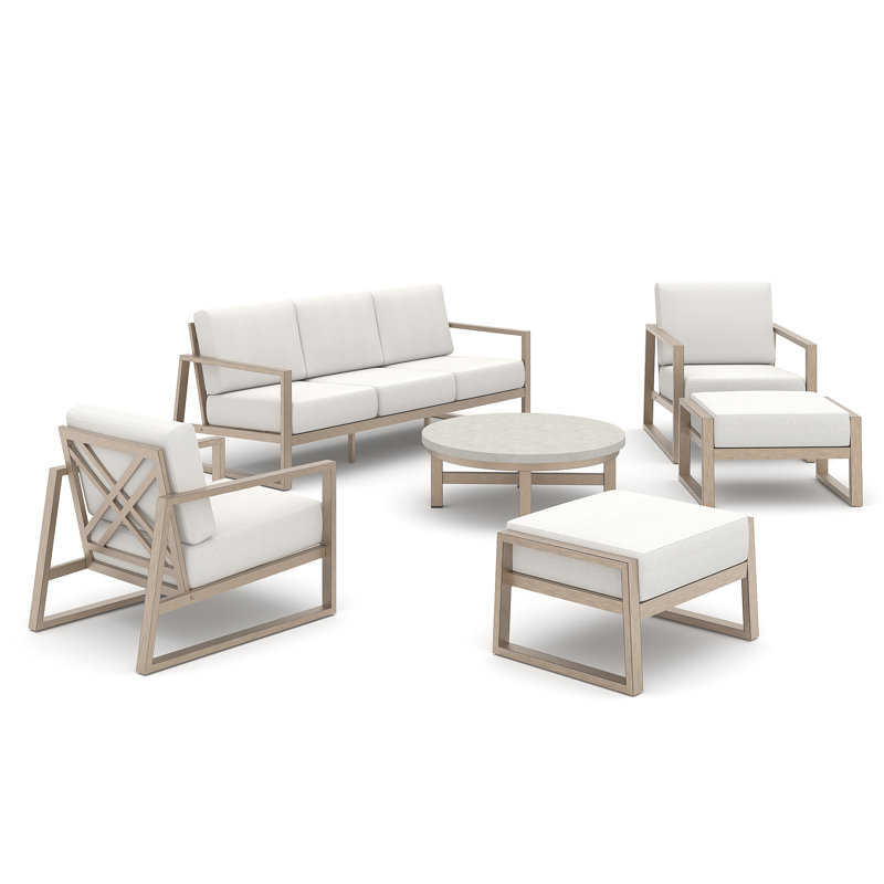 Patio Aluminum 5 Person Conversation Set With Concrete Table And Ottomans, 6 Pcs: Table, Sofa, 2 Fixed Chairs, 2 Ottomans