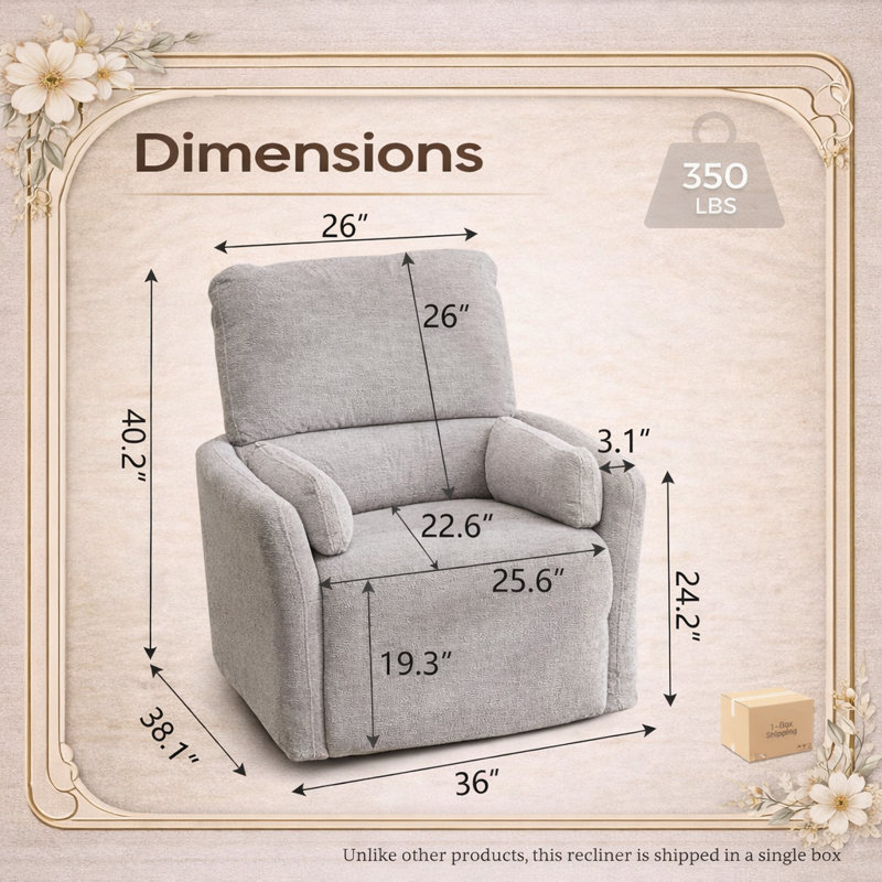 Fauteuil inclinable électrique pivotant de 36 po en suède de polyester moderne et doux avec charge USB, Gris