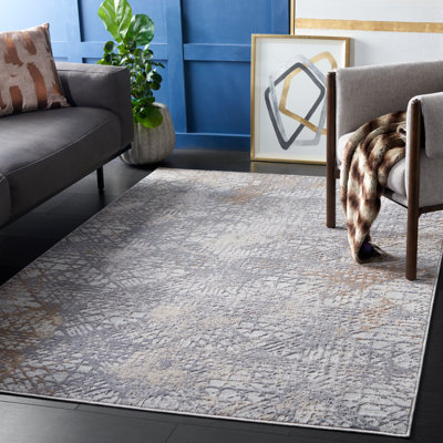 Tapis géométrique en polyester / polypropylène tissé à la machine en gris / ivoire
